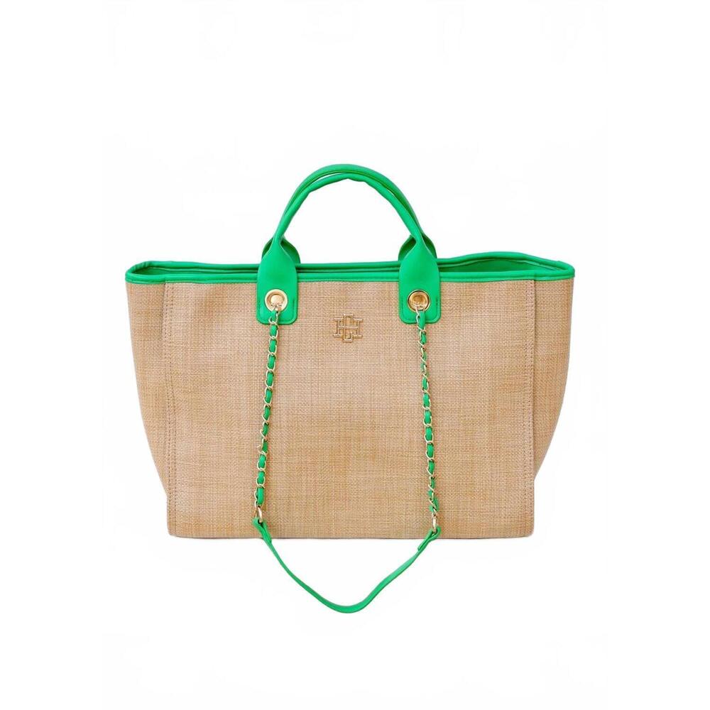 NEW CAROLINE HILL missy natural tote bag in kelly green